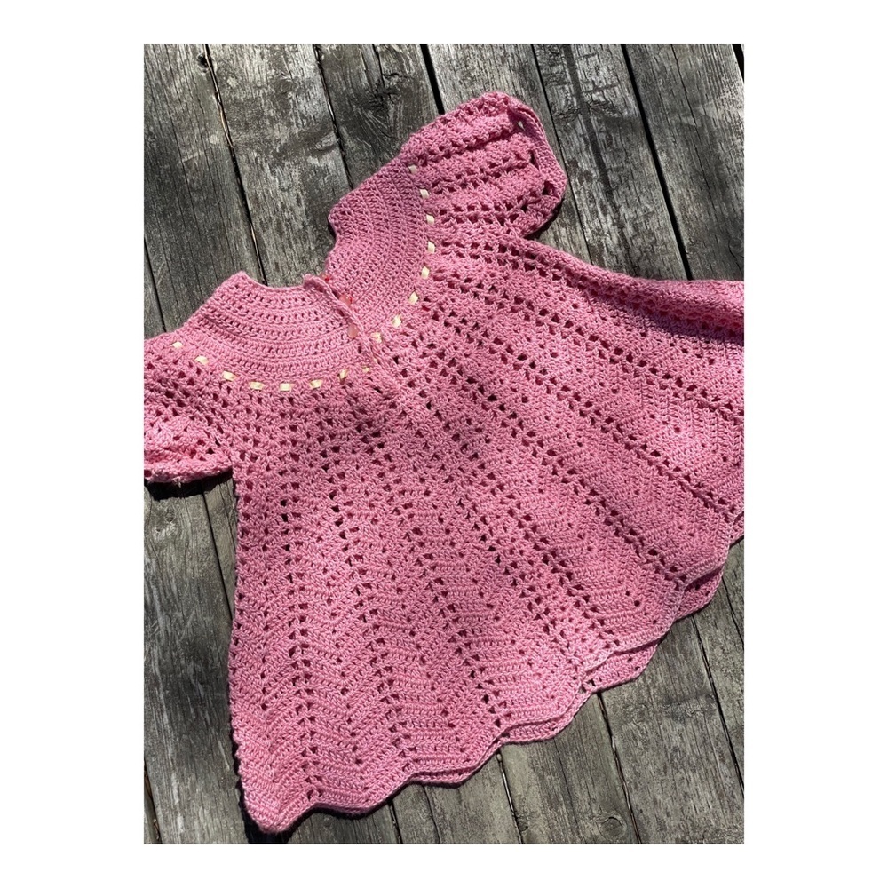 SOLD Pink Crotchet Circle Dress Puff Sleeve Ribbon - Picture 3 of 4